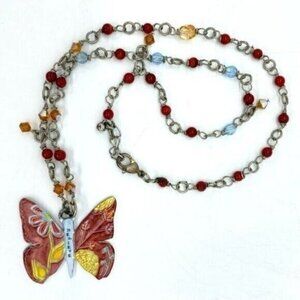 Artist Caroline Simas Signed Enameled Butterfly Beaded Necklace